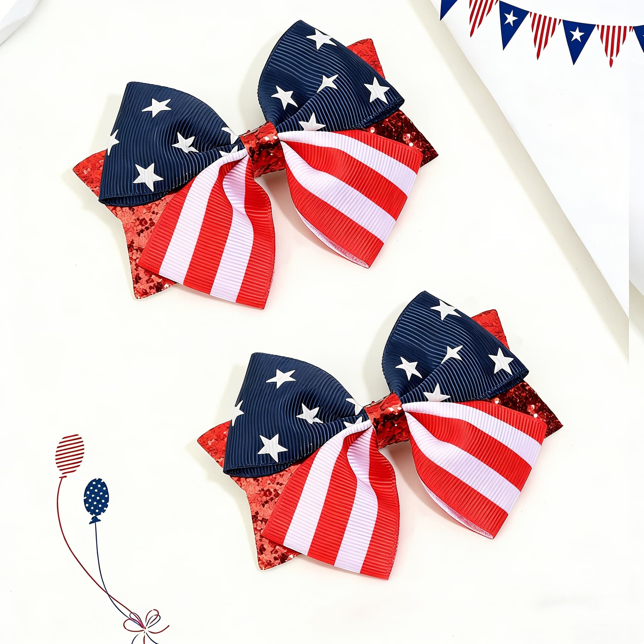 TEMU 2pcs Day Patriotic Usa Flag Glitter Bow Hair Clips Star-stripe Print Barrettes With Red Sequin Backing Ideal For & Patriotic Events