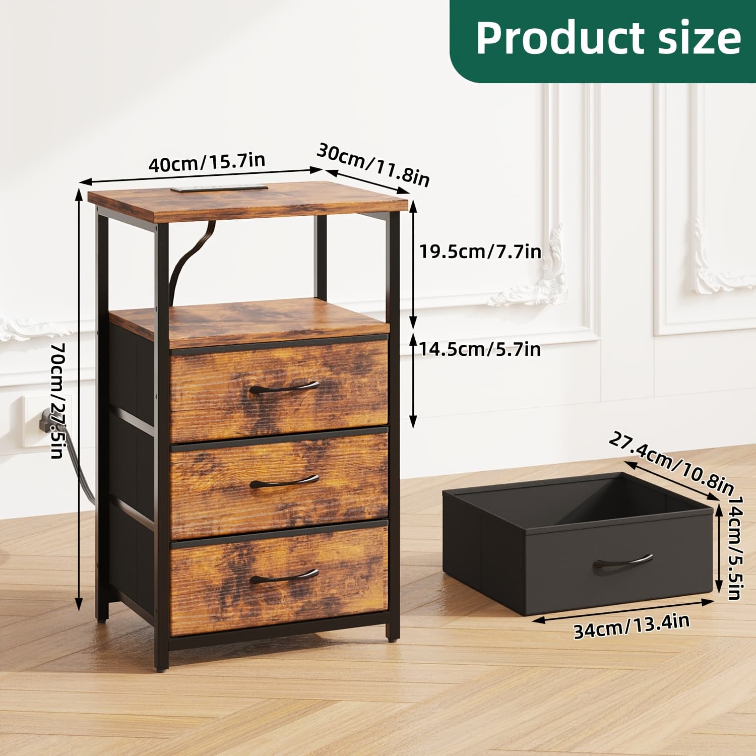 TEMU Tomnk Side Table With Charging Station, Nightstand With 3 Fabric Drawers, Bedside Table For Living Room, School And Dormitory Storage, End Table With Storage, Rustic Brown And Black