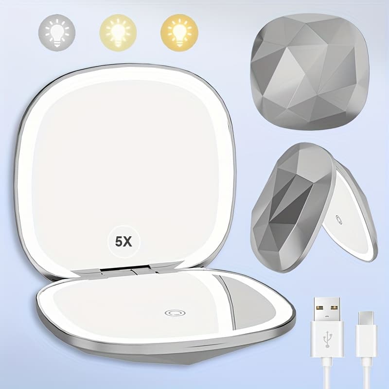 TEMU 1x/5x Magnification 3 Colors Led Light Compact Travel Makeup Mirror With Light, Magnifying Mirror And Normal Mirror, Travel Portable For Purse And Gift, Suitable For Makeup And Dressing Table.