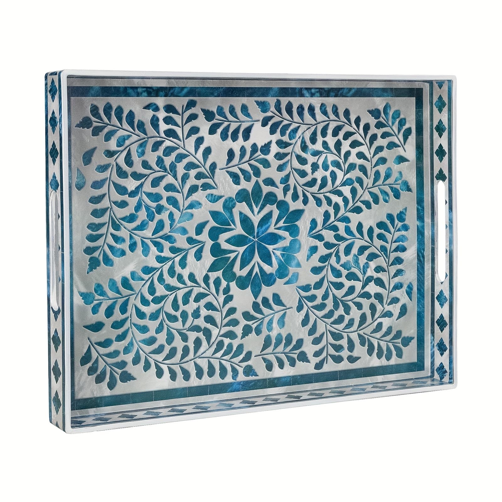 TEMU Rectangular Decorative Tray, Plastic Serving Tray With Handles, Modern Blue Trays For Ottoman, Coffee Table Trays For Living Room, Home Decor, 15.7" X 11.8" X 1.6"