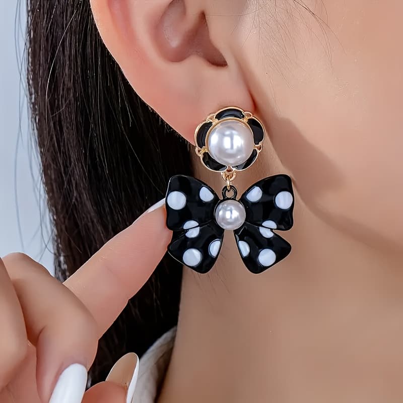 TEMU Elegant Black And White Polka Dot Bow Earrings - Lightweight Pearl Studs, Perfect For Daily Wear, A Must-have For