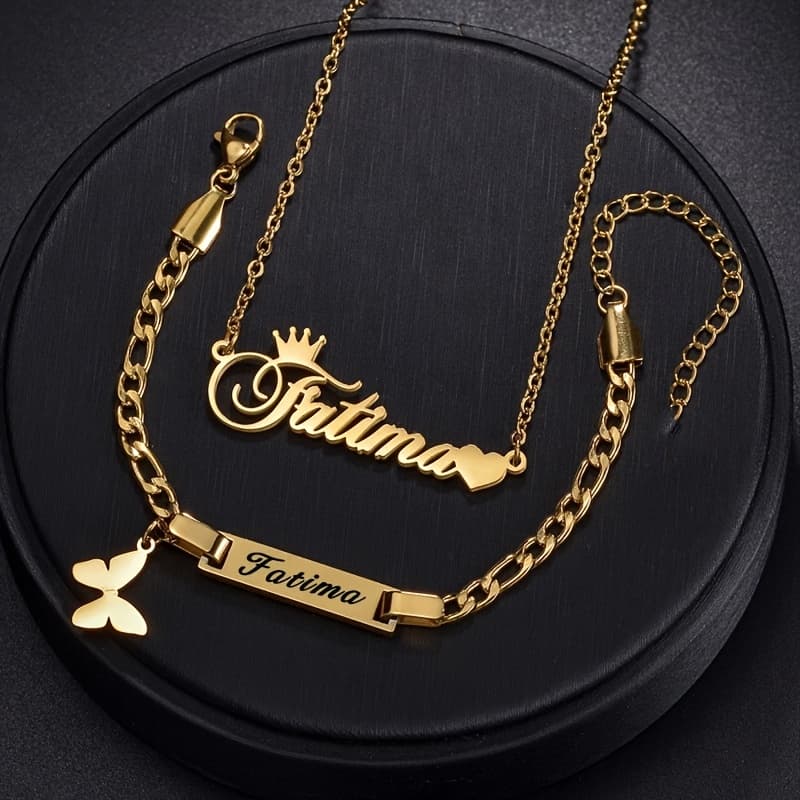 TEMU Personalized Crown Name Necklace Bracelet Set Custom Name Jewelry Set Stainless Charm Bar Carved Necklace Gift For Girl
