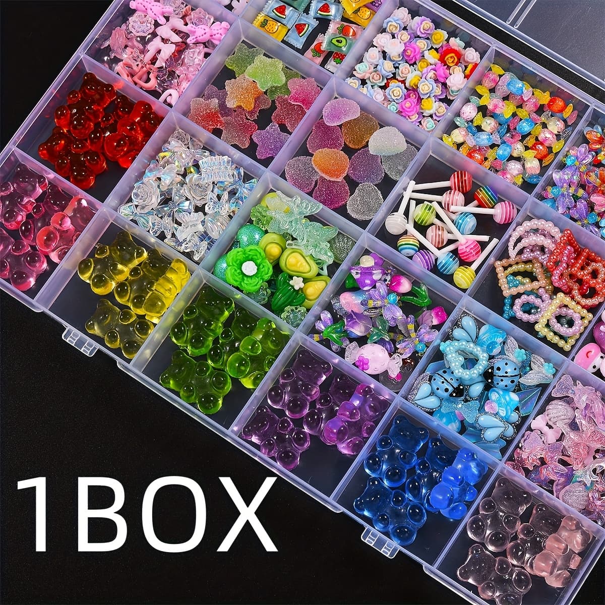 TEMU A Box Filled With Beautiful 3d Nail Decorations In 24 Compartments - Featuring Vibrant Resin Charms Like Cute , Delicate Butterflies, Lovely Hearts, And Star-shaped Gummy Sweets