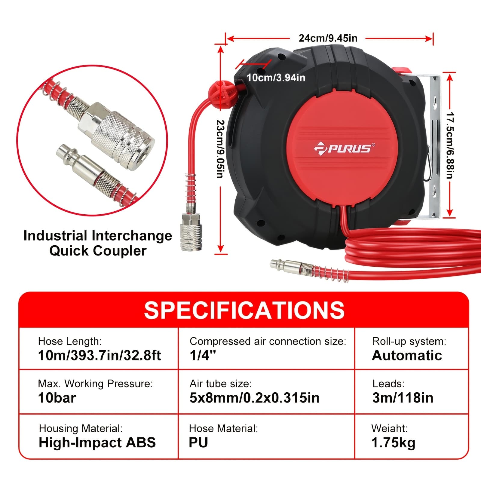 TEMU Retractable Air Hose Reel, Pp Material Shell, Hybrid Hose 1/4" X 32ft, 180° Swivel, Wall/ceiling Mount, Auto , 10 Bar Pressure, Quick Coupler For Garage & Workshop
