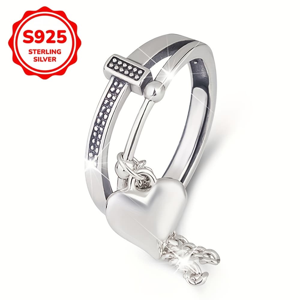 TEMU S925 Sterling Silver Easy Vintage Ring, Women's Ring With Heart Pendant Tassel, Stylish Ring, Everyday Gift Occasion,