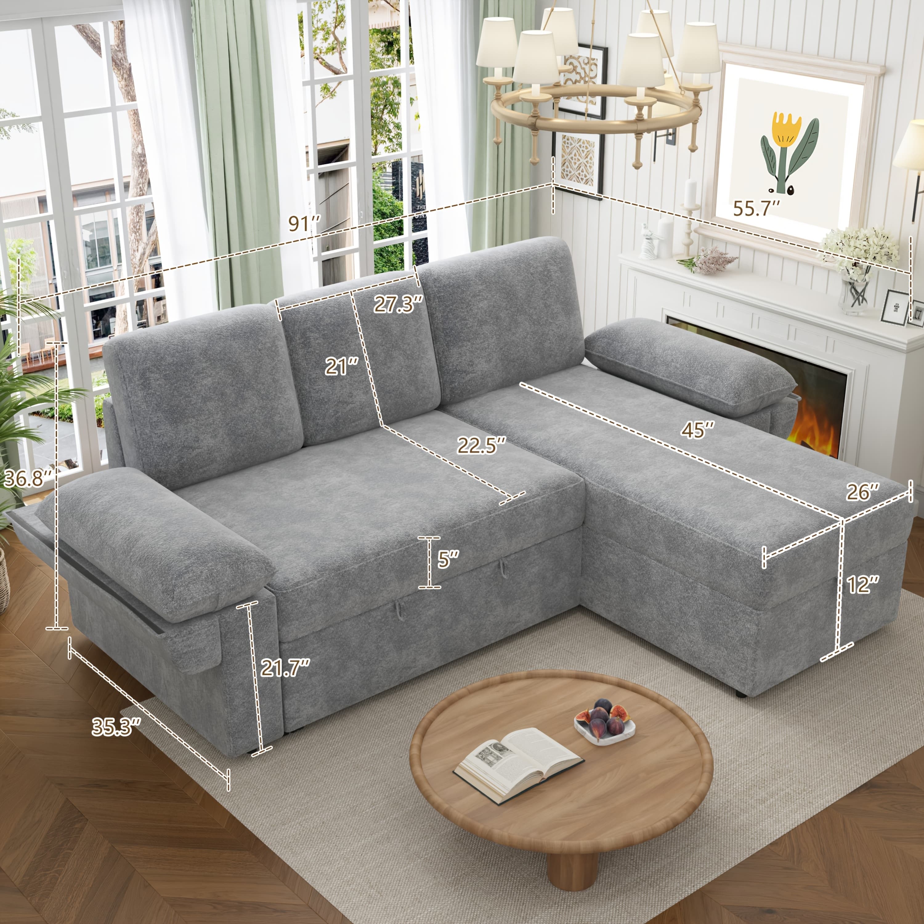 TEMU 91 Inch Sectional Sofa Bed With Storage, Modern Convertible Sleeper Sofa, 2 In 1 Pull Out Couch Bed With Storage, Sofa Room