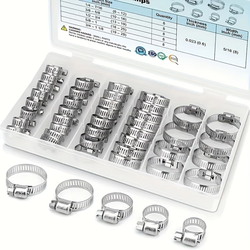 TEMU 40pcs Stainless Steel Hose Clamp Kit | 1/4"-1-1/8" Full Range | Heavy Duty Worm Gear Design | For Intercooler/fuel Line/plumbing | Includes Size Guide & Storage Box
