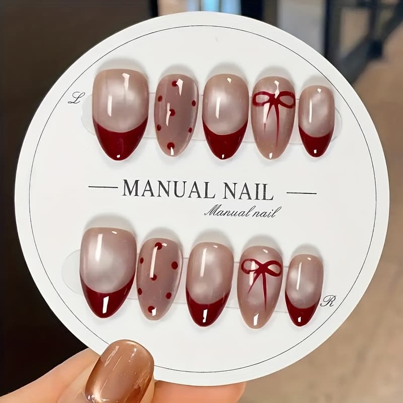 TEMU 10pcs Elegant Wine Red French Tip Press On Nails - Bow & Polka Sweet Manual Fake Nails