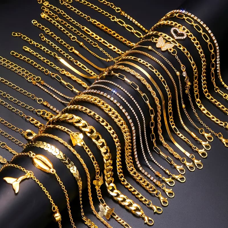 TEMU 22pcs Vintage Simple Encrusted Metal Geometric Heart Twist Chain Style Stacking Anklet Set Women's Autumn And Winter Daily Match Attend Party Vacation Dating Holiday Gift
