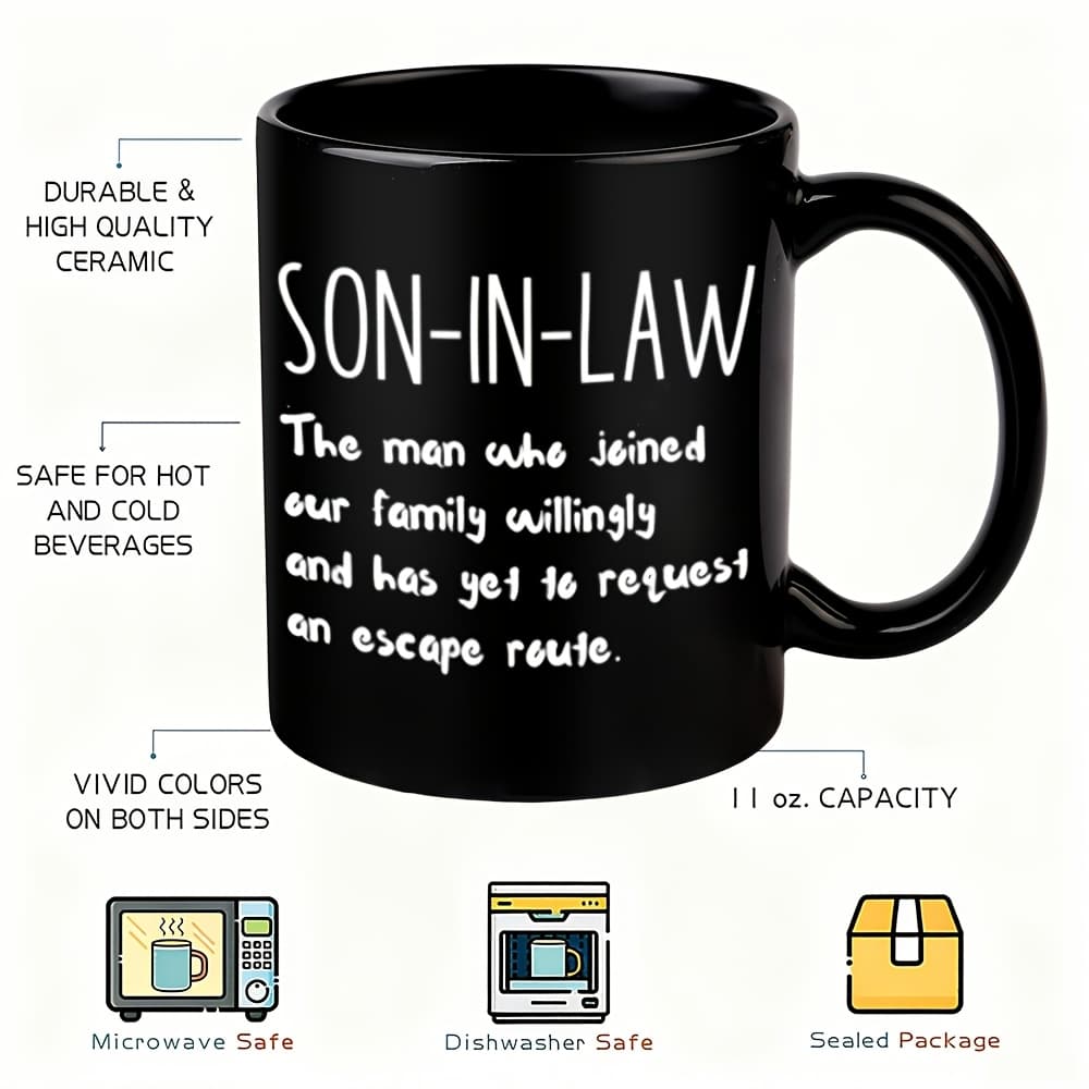TEMU 1pc Funny Son-in-law Gift Coffee Mug With "son-in-law" Text & Family Quote - Humorous Wedding/birthday/christmas Present For -in-law, Daily Use Cup For Coffee Or Tea, Ideal Husband-in-law Present