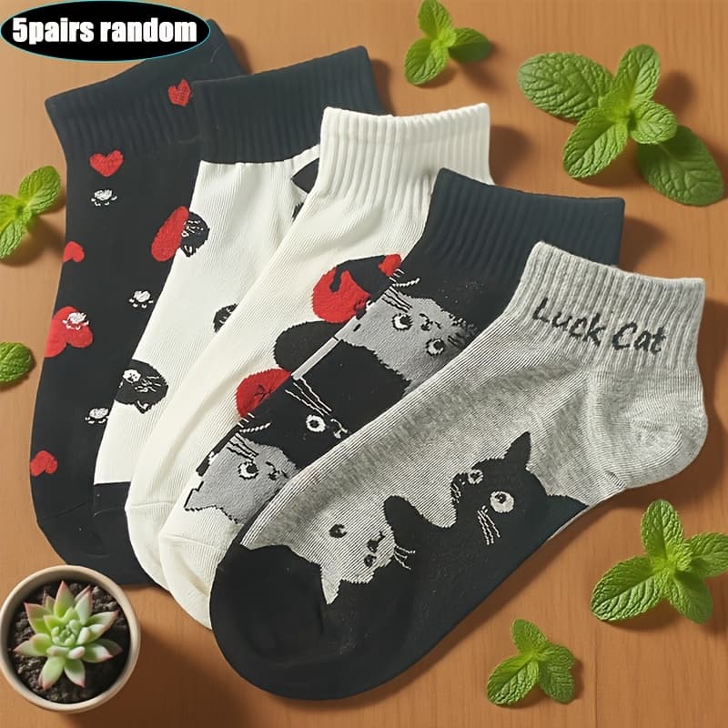 TEMU 5 Pairs Of Random Color Women's Cute Cat Short Socks - Stylish And Pattern Socks For Spring And Autumn, Perfect For Casual Wear.