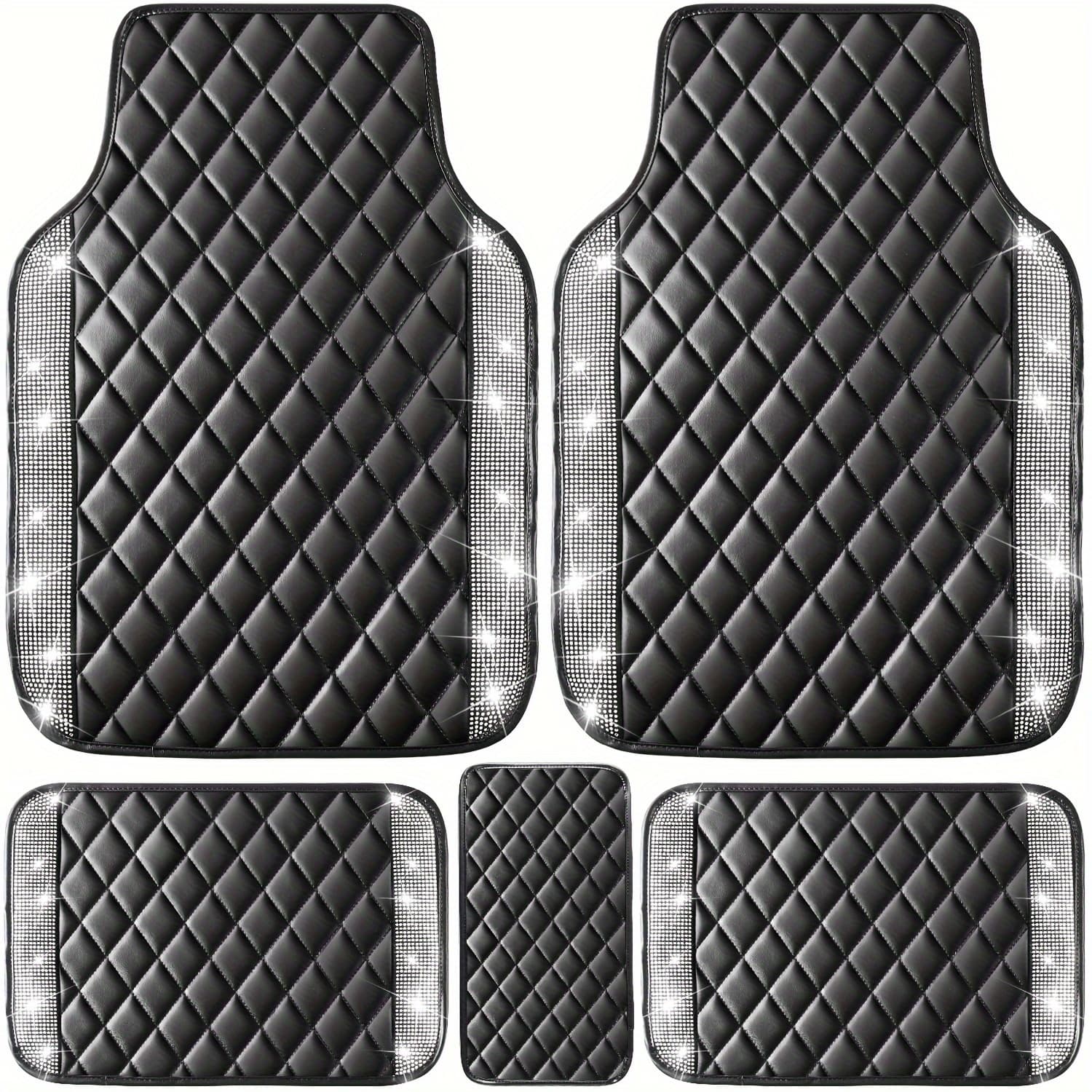 TEMU 5pcs Bling Faux Pu Faux Pu Leather Car Mats Shining Floor Mats Crystal Sparkly Glitter Carpet Anti-slip Waterproof Pad Universal Fit For Automotive Suv, Sedan, Van, Girl Women