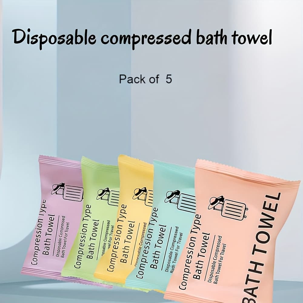 TEMU Travel Essential: Set Of 5 Compressed Bath Towels In (55x27") - Microfiber Towels For Camping, Beach, Or Gym, Absorbent And Quick-drying, Pocket-sized