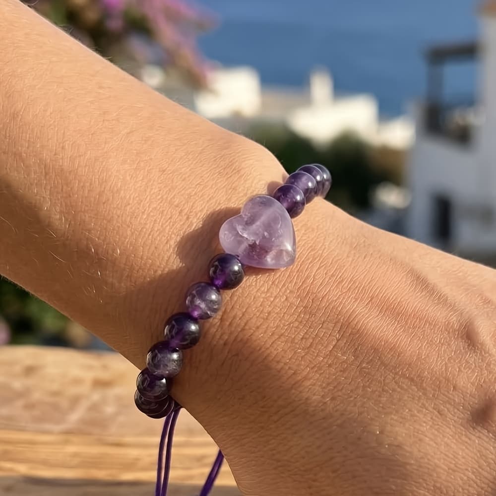 TEMU 1pc Natural Amethyst Handmade Beaded Adjustable Women's Bracelet With Heart-shaped Pendant, Elegant Natural , Suitable For Travel, Vacation, Daily Wear, Holiday Gifts, Valentine's Day And Gifts