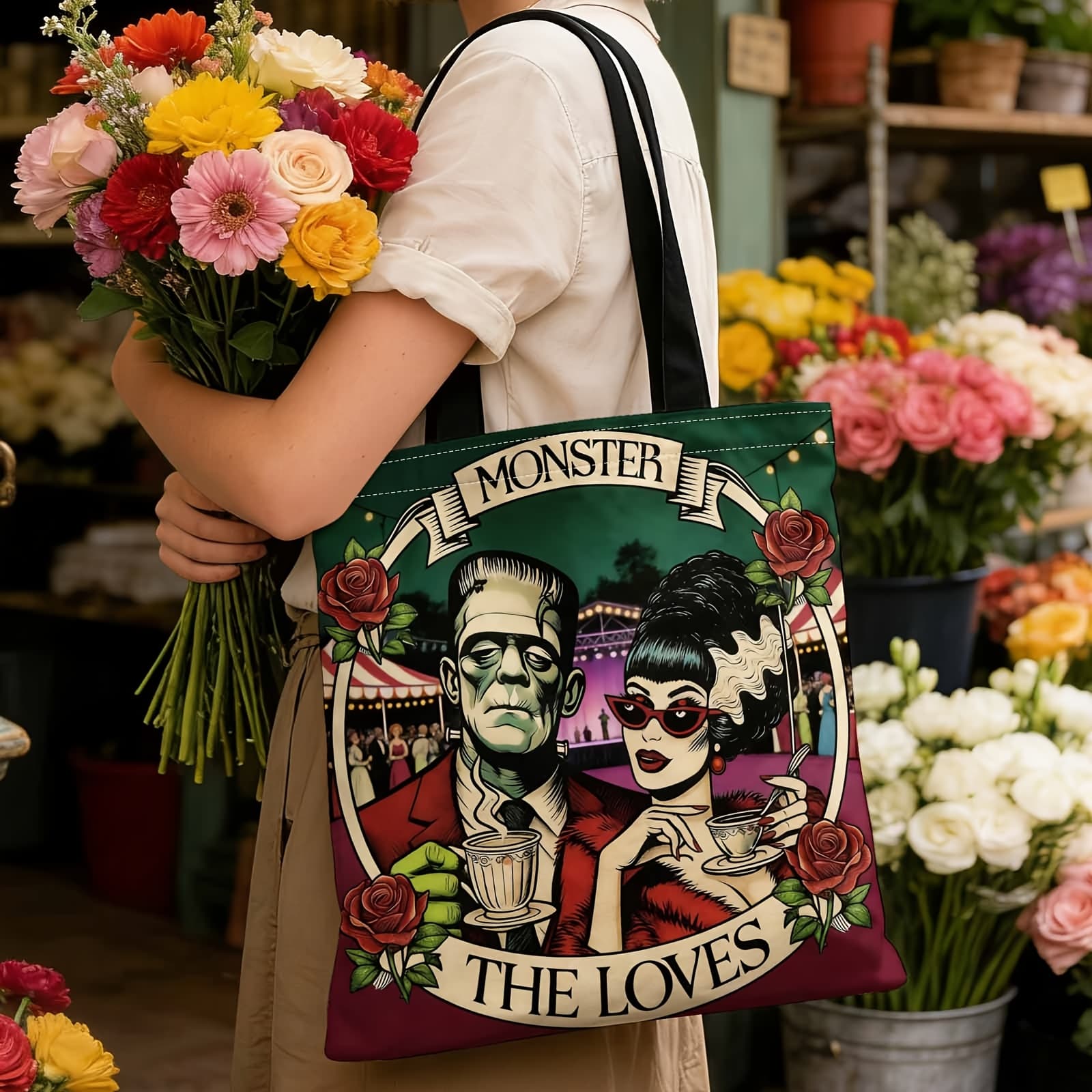 TEMU 1pc Women's Vintage Monster Love Tote Bag - Reusable Suitable For Daily Commuting, Shopping, Travel & Beach, With Monster Love Print, Shoulder Straps, Casual Handbag Gift For, Couples