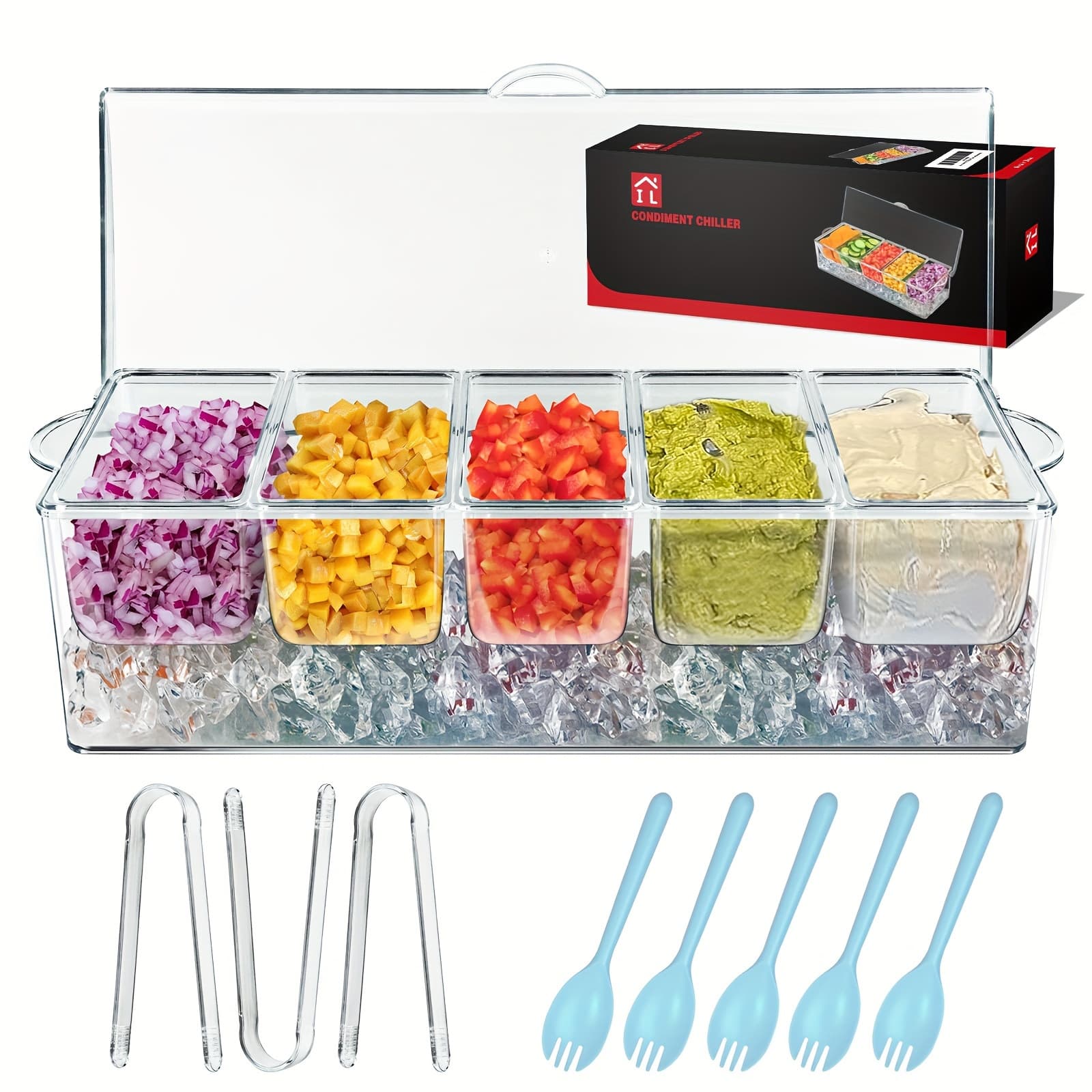 TEMU For Bar Serving Tray With 5 Compartments Container, 5 Forks And 3 Pliers, Fruit Trays For Serving, Garnish Platters With Lid, Cold Seasoning Storage Box For Bar For Parties, Clear