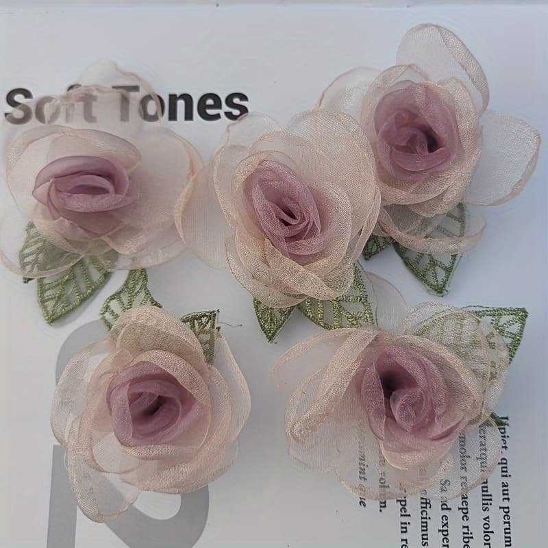 TEMU Set Of 5 Mesh Rose Flowers With Leaves, Handmade Three-dimensional Floral Clips And Hair Ties For Decorative Additions