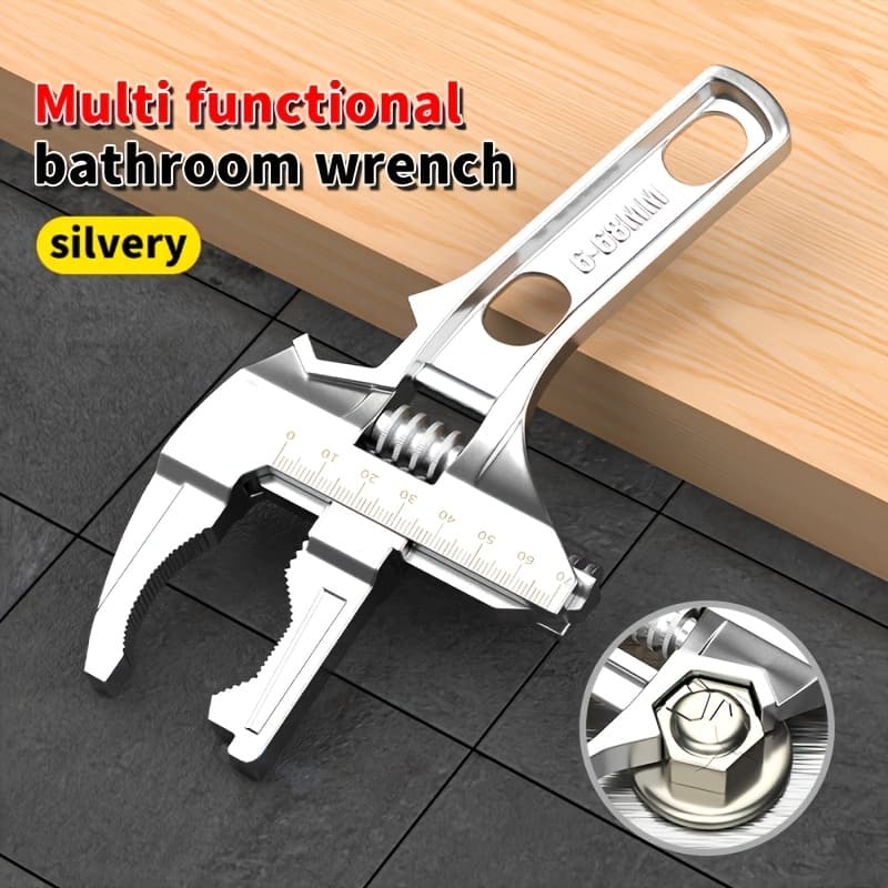 TEMU Multifunctional Large Opening Bathroom Adjustable Wrench, Durable Short-handle Adjustable Water Pipe Wrench, Silver Faucet Wrench, With Measurement Marks