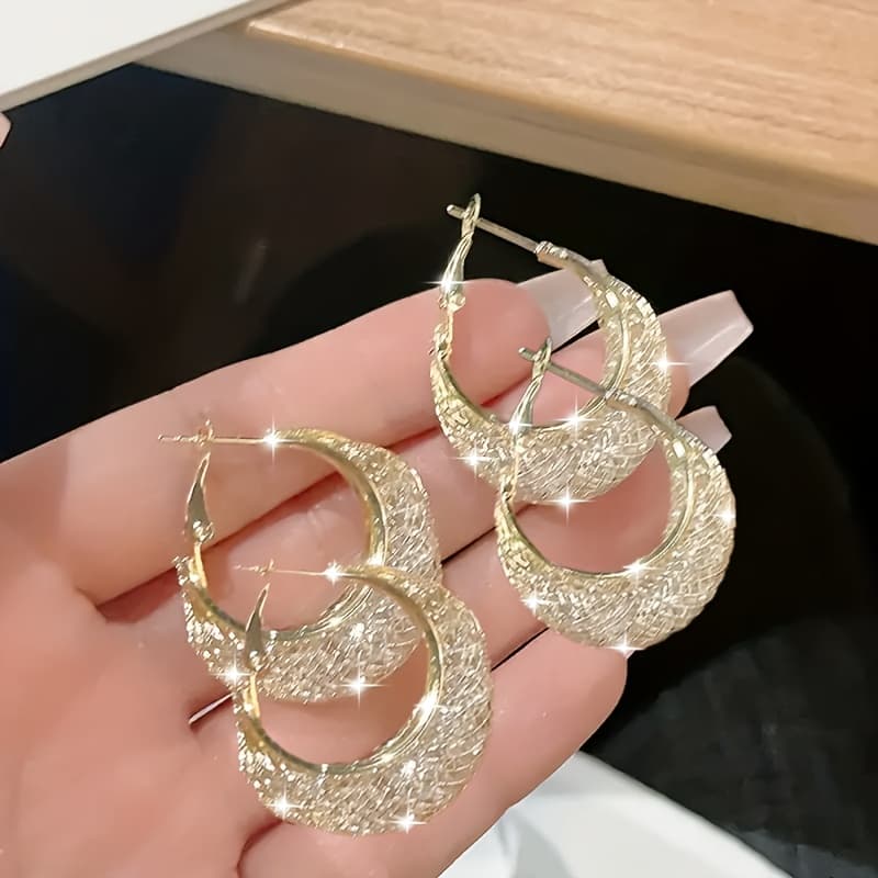 TEMU Luxurious Mesh Hoop Earrings Sparkling 18k Plated Hoop Earrings, Fashion Women Earring Jewelry Gifts, Wear For Daily , Gift For Her, Christmas Gifts