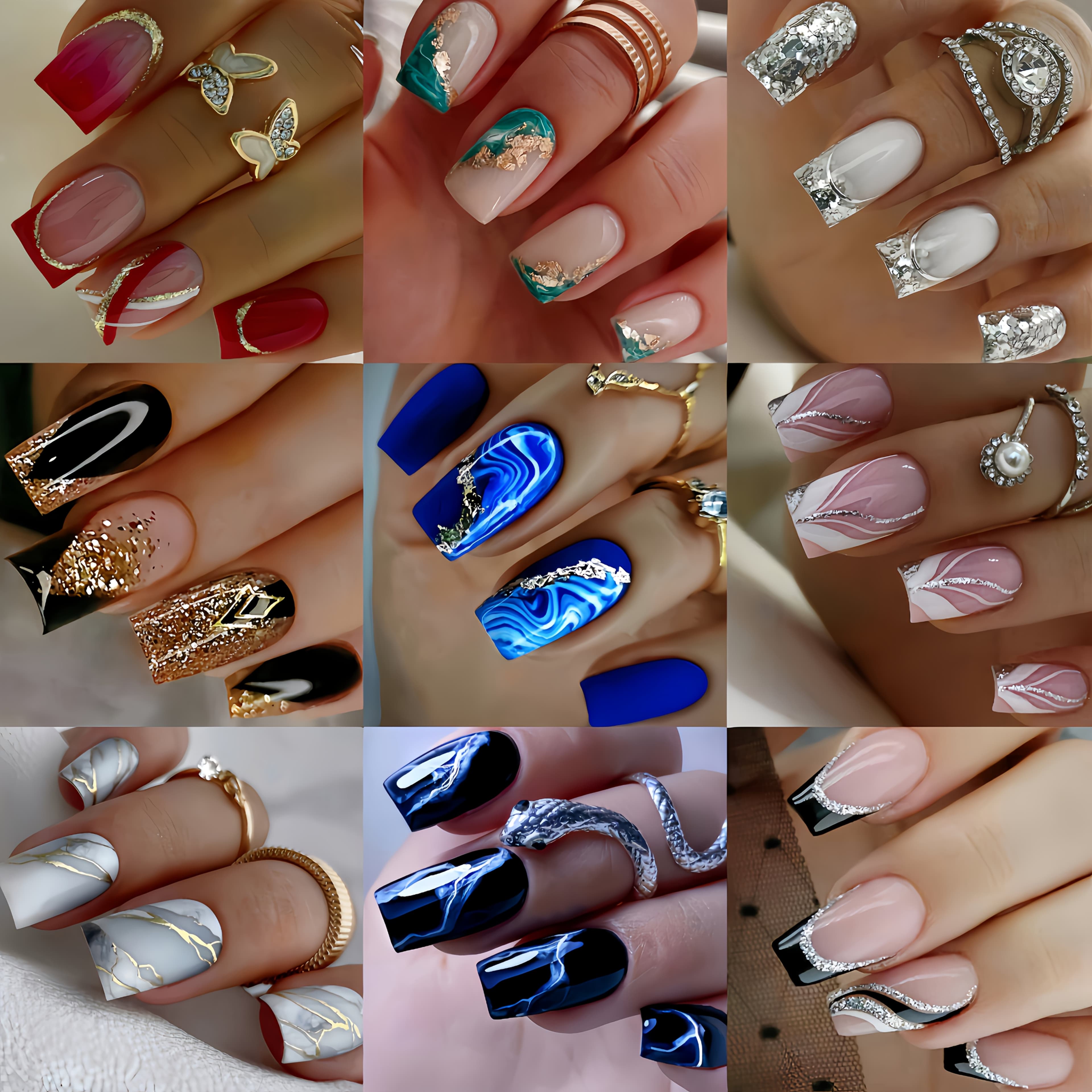 TEMU Square Press On Nails 216pcs (9 Pack) Medium Length Black Blue Fake Nails Gradient Golden Shiny Artificial False Nails With Designs Full Cover Artificial Stick On Nails For Women