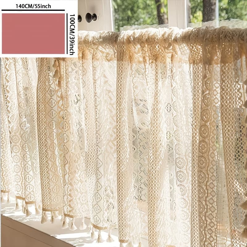 TEMU 1pc Bohemian Beige Crochet Draperies With Tassels - Lace Curtains For Kitchen, Bedroom And Office - Cottage-style Home Decor