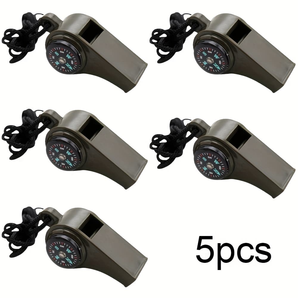 TEMU 5pcs Emergency Survival Whistles With Compass And Thermometer - Durable Pvc, -in-1 Safety Tool For Hiking, Camping, Rescue, And Adventure - Black With Blue And Orange Accents, Camping Accessories