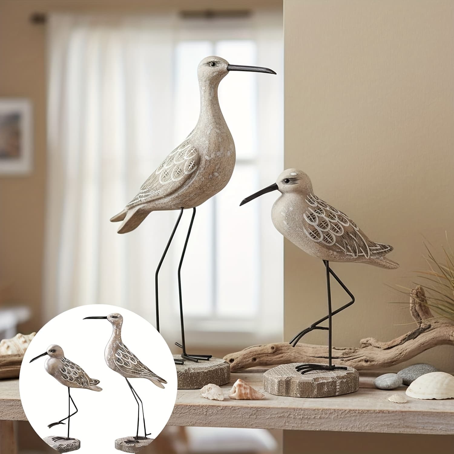 TEMU 2pcs Wooden Seagull Figurine - Vintage Nautical Coastal Bird Statue, Ocean Theme Home Decor With Metal Legs, Mediterranean Beach Ornament For Desktop Shelf Living Room