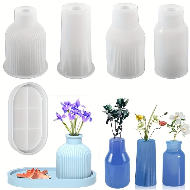 TEMU 5pcs Flower Vase Silicone Resin Molds Set, Silicone Flower Pot Molds With Tray Mold, Resin Silicone Molds For Epoxy Resin Flower Pot Vase Clay, Perfect For Home Decoration