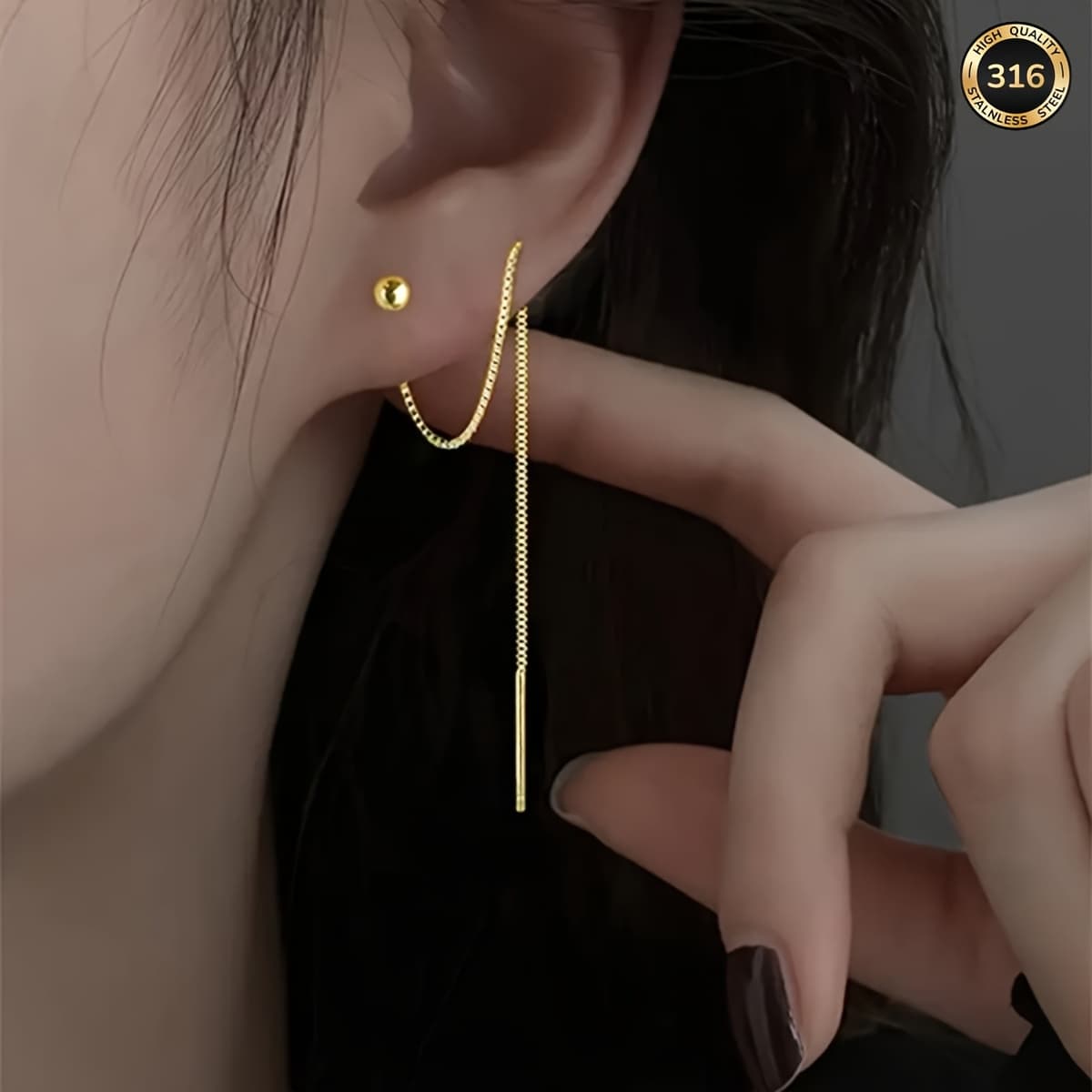 TEMU 2pcs Chain Stud Earrings Women's 316 Tassel Bead Ear Wire Earrings Women' Niche Design Korean Drop Ear Jewelry Ear Hole