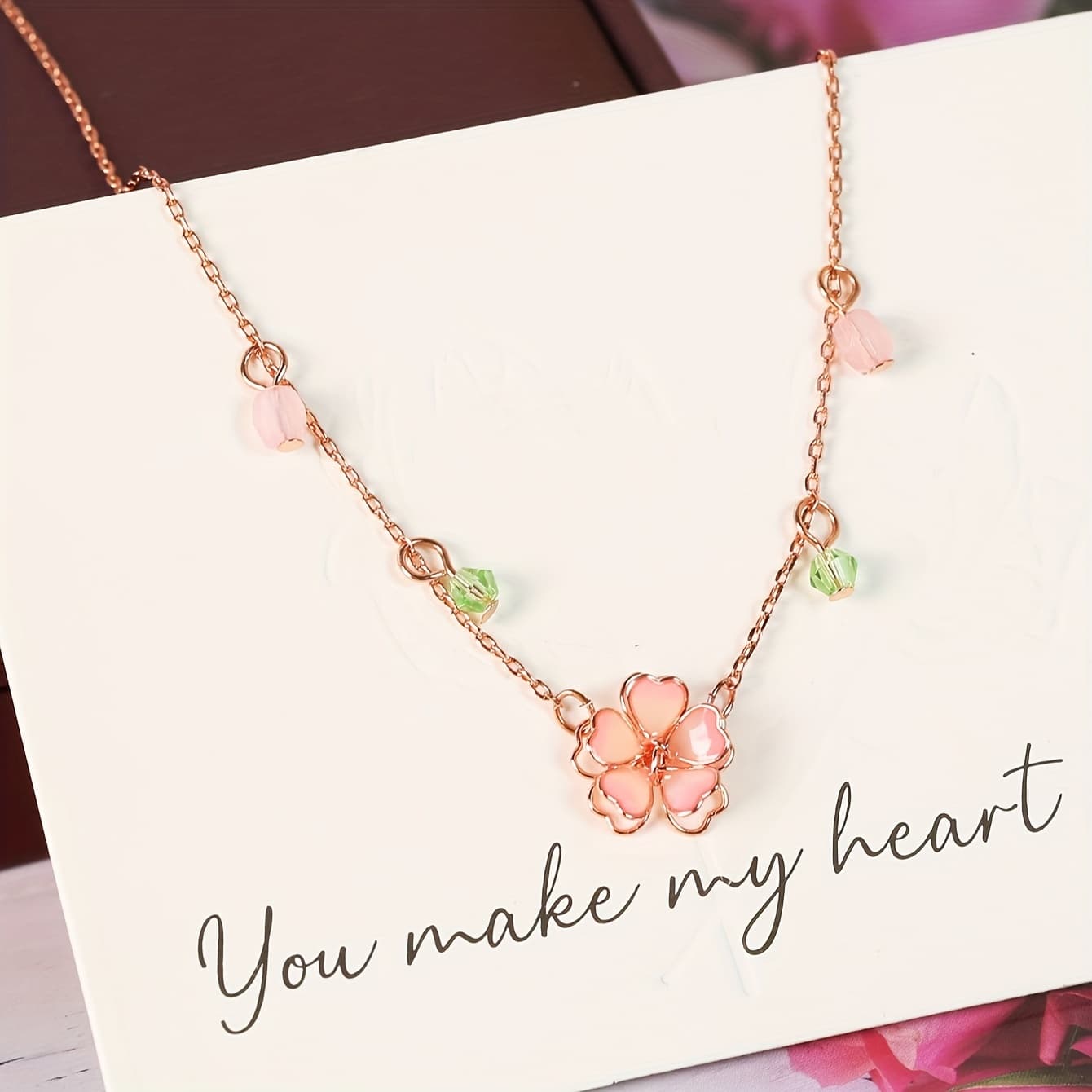 TEMU Elegant Alloy Pendant Necklace With Pink And Green Accents - Versatile Clavicle Chain For Daily Wear & Parties, All , Everyday Jewelry||durable Alloy, Tulip Jewelry(excluding Gift Box)