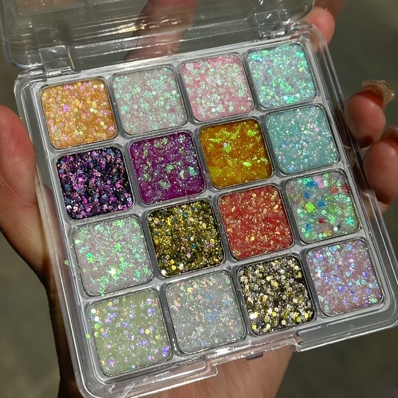 TEMU 16-color Glitter Eyeshadow Palette, Shimmering Iridescent Sequin Eye Makeup, Holographic Sparkle, Long-lasting And Waterproof