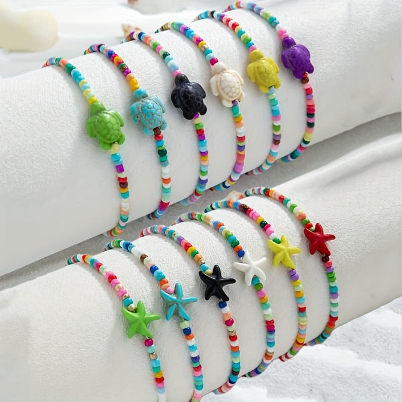 TEMU 12pcs Set Summer Beach Style Colorful Rice Beads Mixed Turquoise Starfish Starfish Turtle Stacked Elastic Line Beaded Anklet