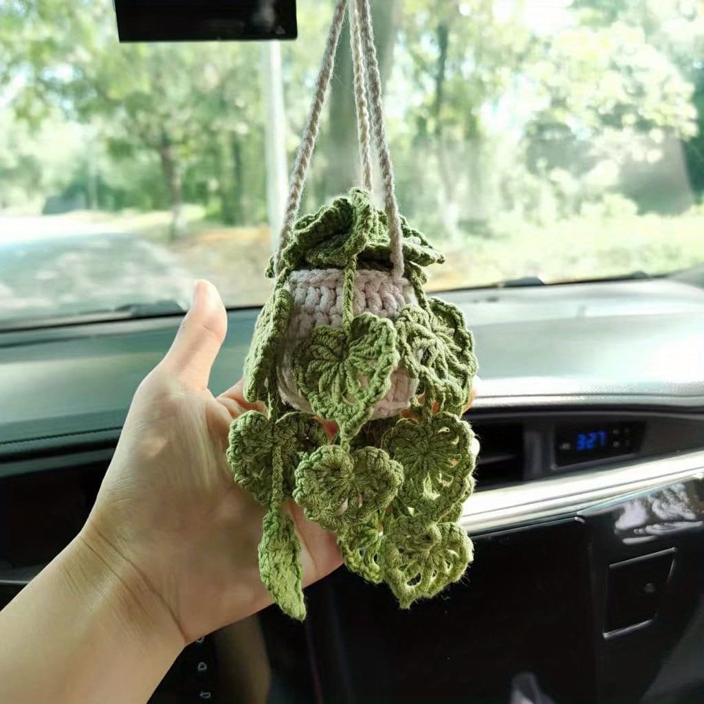 TEMU Adorable Plant Crochet Rearview Mirror Additions, Handmade Car Mirror Pendants, Mirror Additions, Women' Decorations