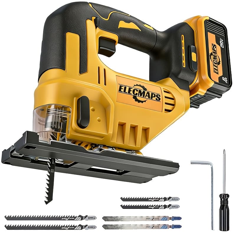 TEMU Brushless Electric Jigsaw Set For 20v Batteries, With 6 And A Screwdriver, For Cutting Wood And Metal, 0°-45° Cutting, For Straight/curved/ Cutting, A Perfect Gift (batteries Not Included).