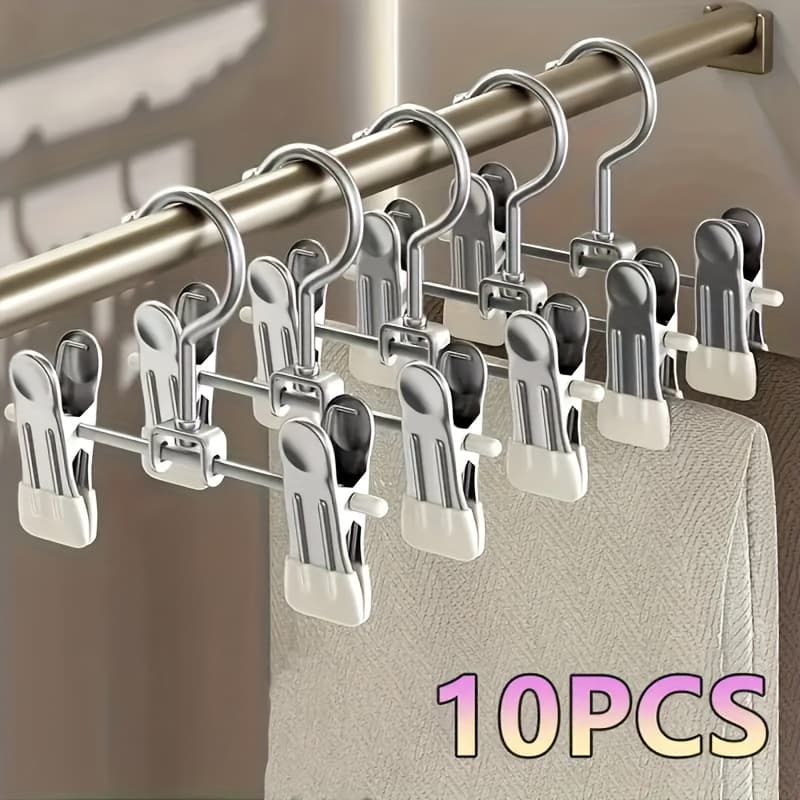 TEMU 10pcs Metal Trouser Hangers With Clips, Non-slip, Multifunctional Stainless Steel Hangers, Space Saving Closet Organizer For Scarves, Trousers, Towels, Socks, Hats And Skirts Hooks, 3 Colors