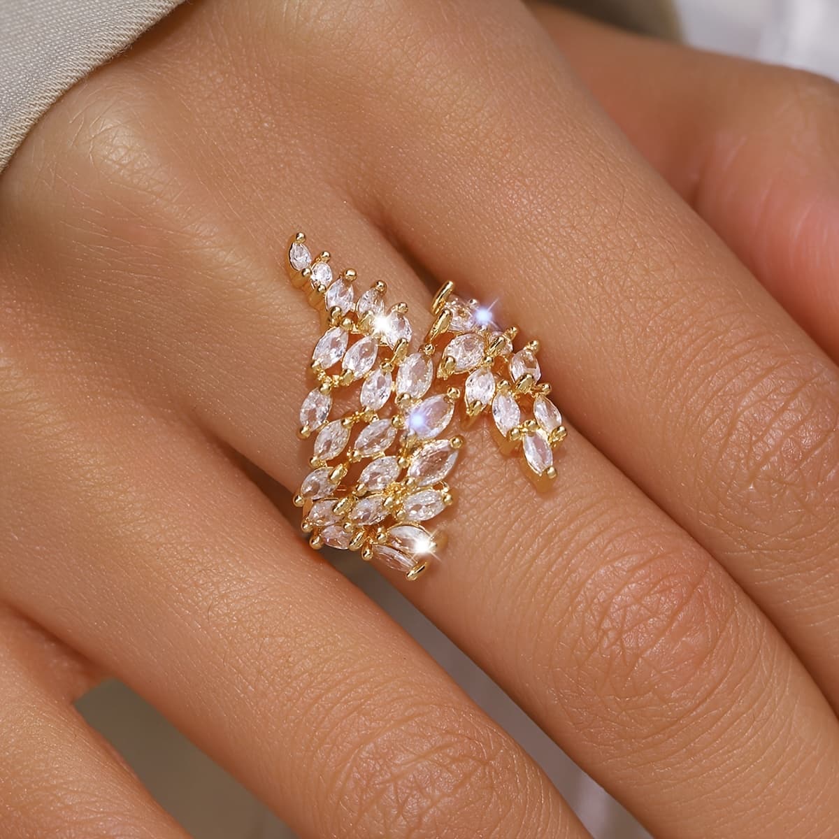TEMU A Copper-based Ring With Marquise-cut Synthetic Zirconia, Adjustable Open-end Ring, Light Luxury Elegant Sparkling Synthetic Zirconia Ring