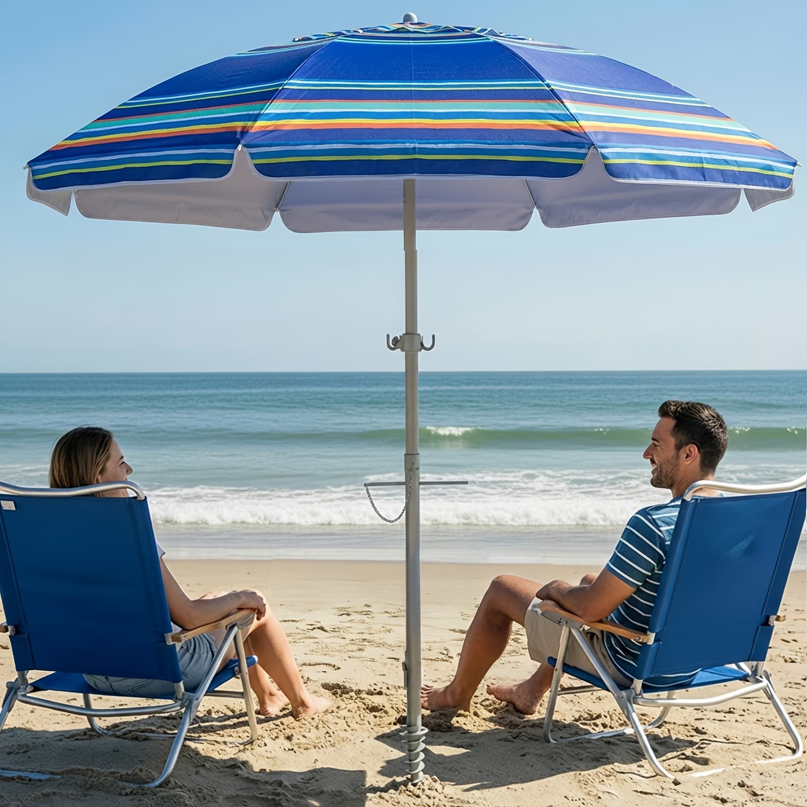 TEMU Large Beach Umbrella With Sand Anchor | Heavy Duty High Wind Portable Outdoor Umbrellas Uv 50+ Protection Air Vent Tilt Patio , Iron Shaft, Fiberglass Ribs, Oxford Cloth