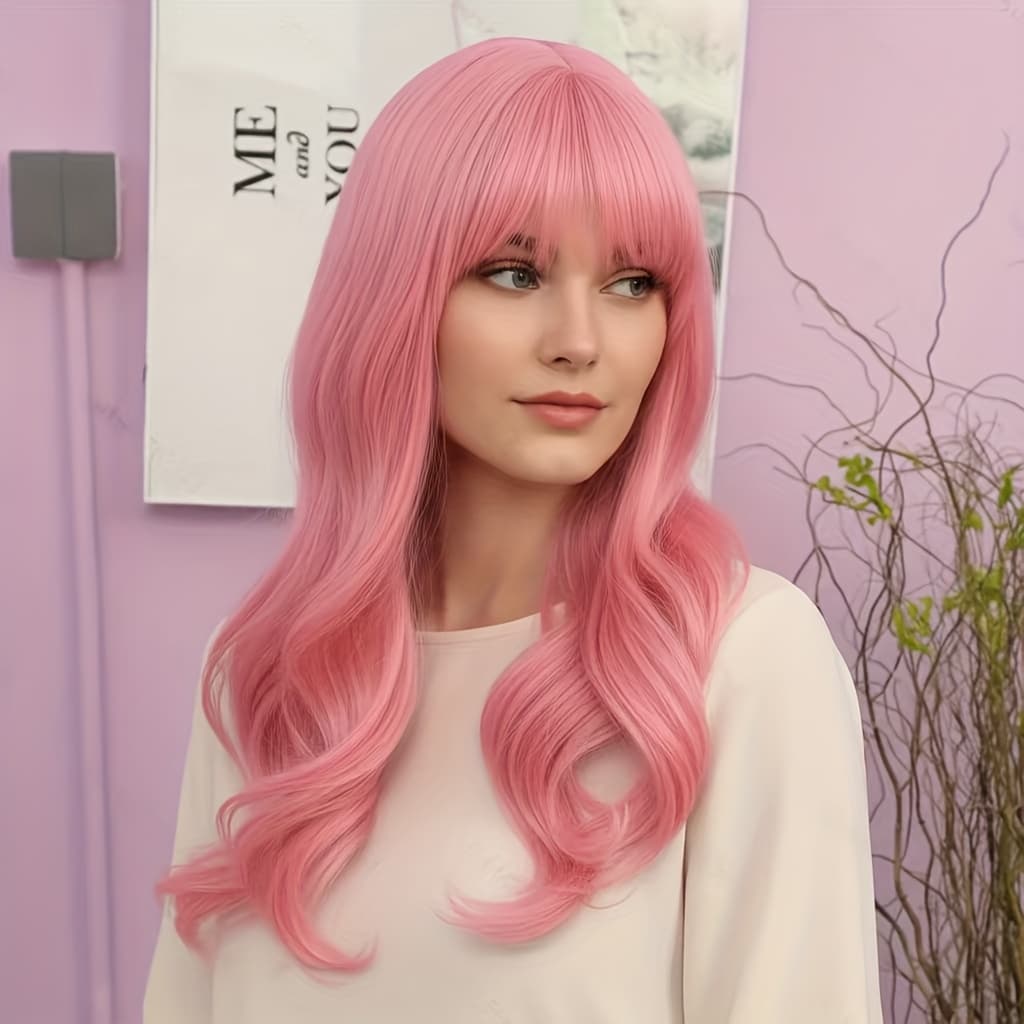 TEMU Long Body Wave Hair Wigs With Bangs Synthetic Fiber Hair Wigs For Women Girls For Daily Party Cosplay Use 24 Inch Music Festival