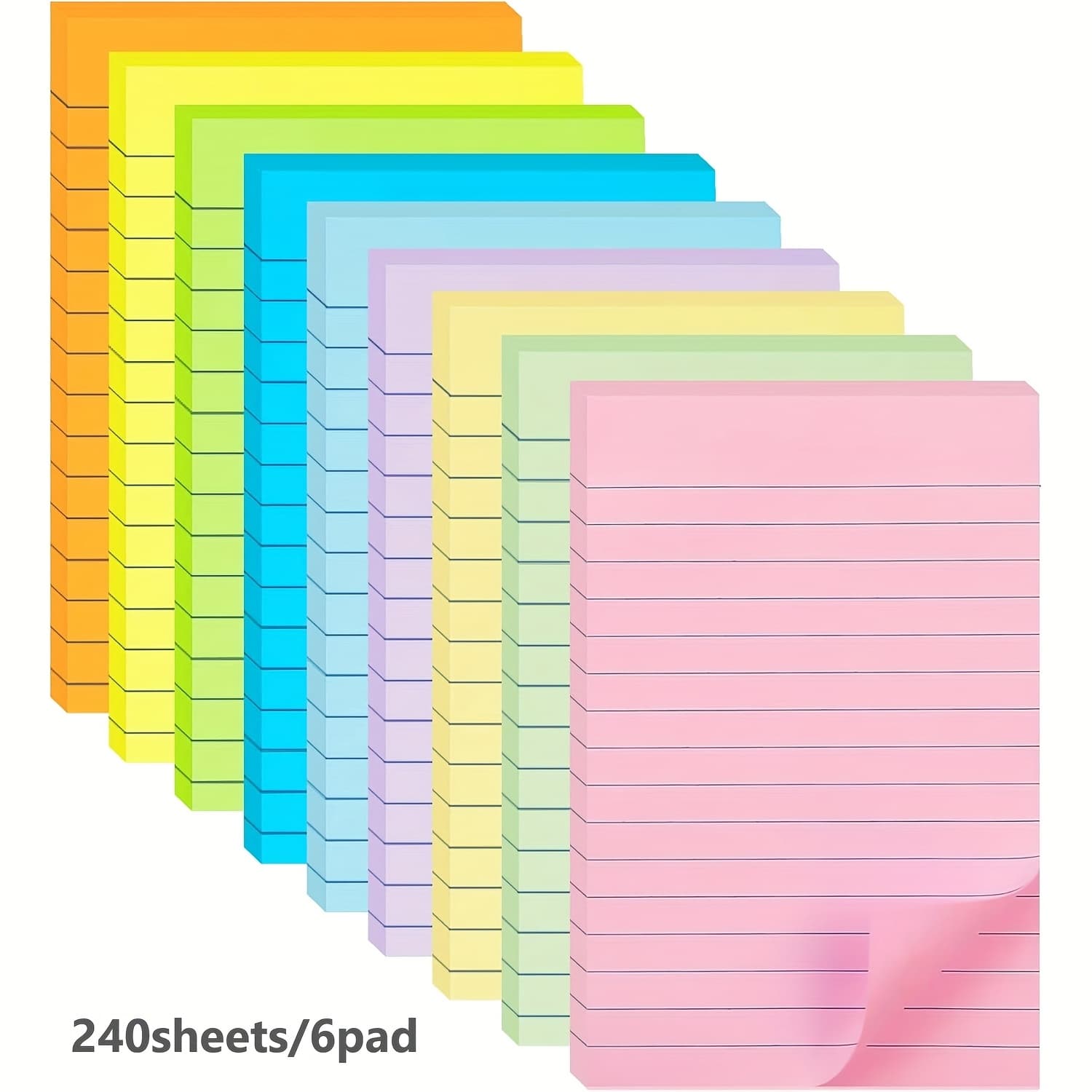 TEMU 240/80 Sheets 4x6 Inch Lined Sticky Notes - 6 Bright Colors, Super Sticky Ruled Notes With Strong Adhesive, 40 Sheets Per Pad For Office, Home, School, Kitchen Organization