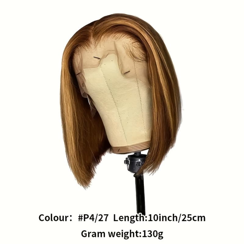 TEMU Big Toupee High Highlights Glue Hair Short Bob Wig 5x1 Live Lace Forehead Wig P4/27 180% Density Pre-painted Straight Bob Wig