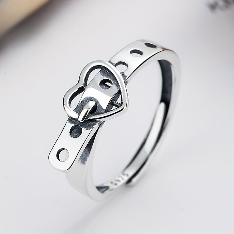 TEMU S925 Sterling 925 Silver Ring Retro Heart Belt Design Suitable For And Match Daily Outfits Party Decor High Quality Adjustable Ring, For Teenager