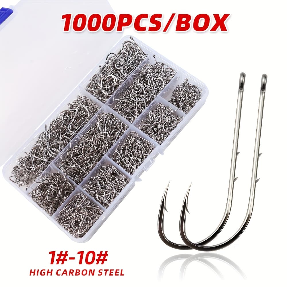 TEMU 1000pcs Double Long Shank Fishing Hook Carbon Steel With Ring Barbed Offset Fishing Hook Sea Fishing Hook Fishing Supplies Additions