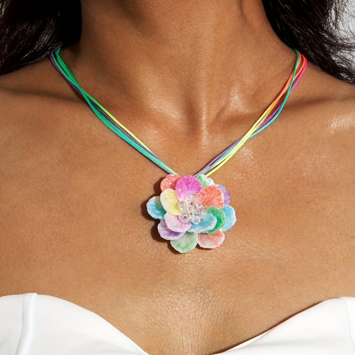 TEMU 1pc Fashionable, , And Versatile Dopamine-colored Transparent Glass Bead Resin Flower Pendant Women's Necklace, Suitable For Daily Wear, , Balls, And Parties