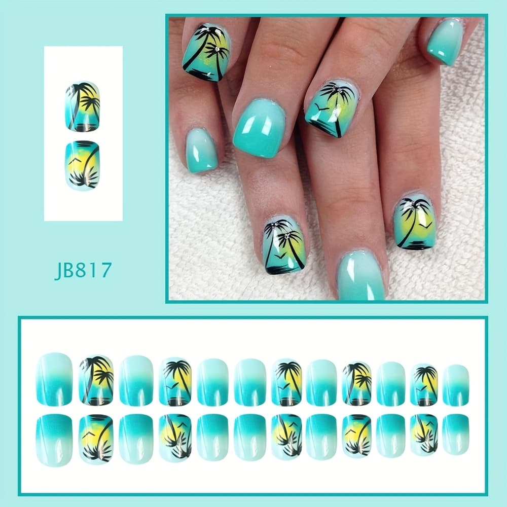 TEMU 24pcs Short Square Green Gradient Coconut Tree Seagull Sunset Nail Stickers Wearable Removable Press-on Nails