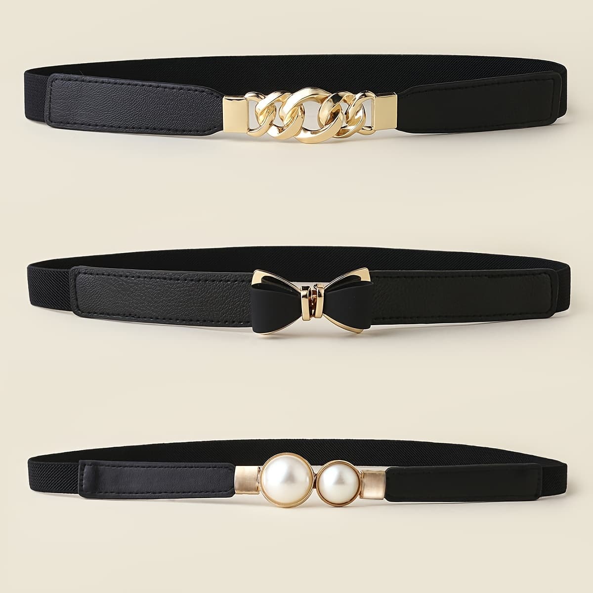 TEMU 3pcs Minimalist Elastic Thin Waistband Women's Decorative Skirt Shirt Belt Elastic Versatile Metal Double Waist Chain Wholesale