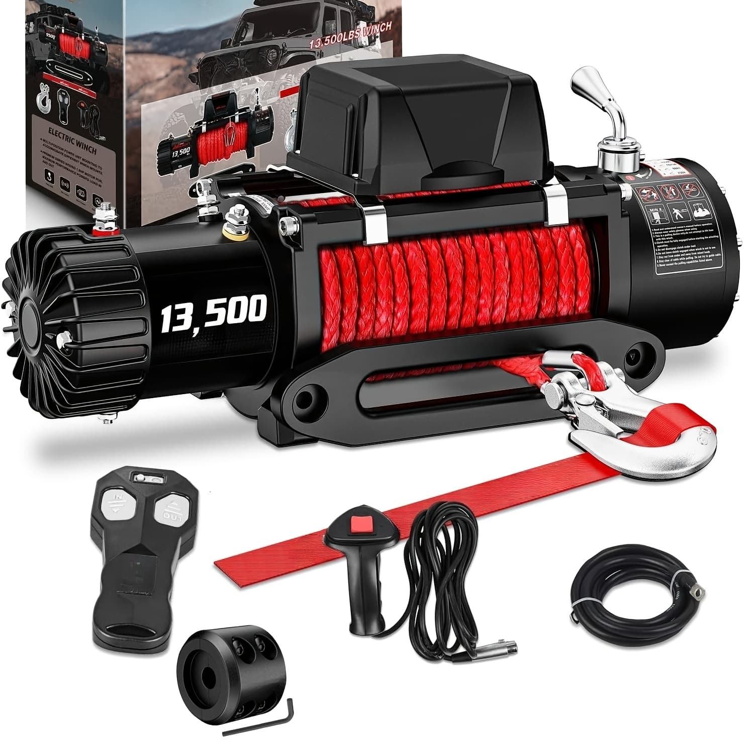 TEMU Electric Winch 3500lb/4500lb/12000lb/13500lb Electric Truck Winch 12v With Red Synthetic Rope Wired Handle & Infrared Remote Winch For Jeeps Road Suv Boat Towing Trailer 4wd 4x4 Atv Utv Kit