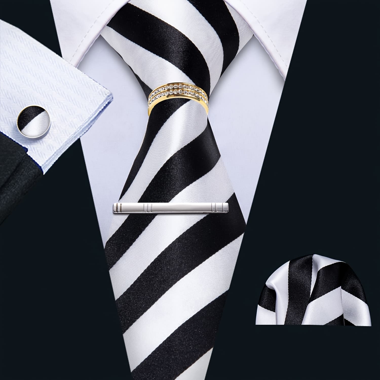 TEMU 1set Fashion Mens Tie Black White Striped Necktie Handkerchief Square Cufflinks Ring Clip Set Formal