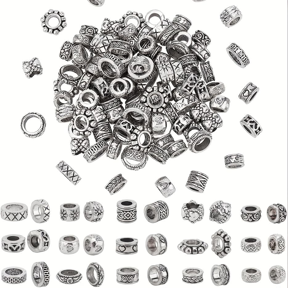 TEMU 100pcs Random Style Antique Silvery Spacer Beads Mixed Styles Tibetan Large Hole Beads Column Tube Beads Alloy Metal Beads For Bracelet Necklace Jewelry Making Hole