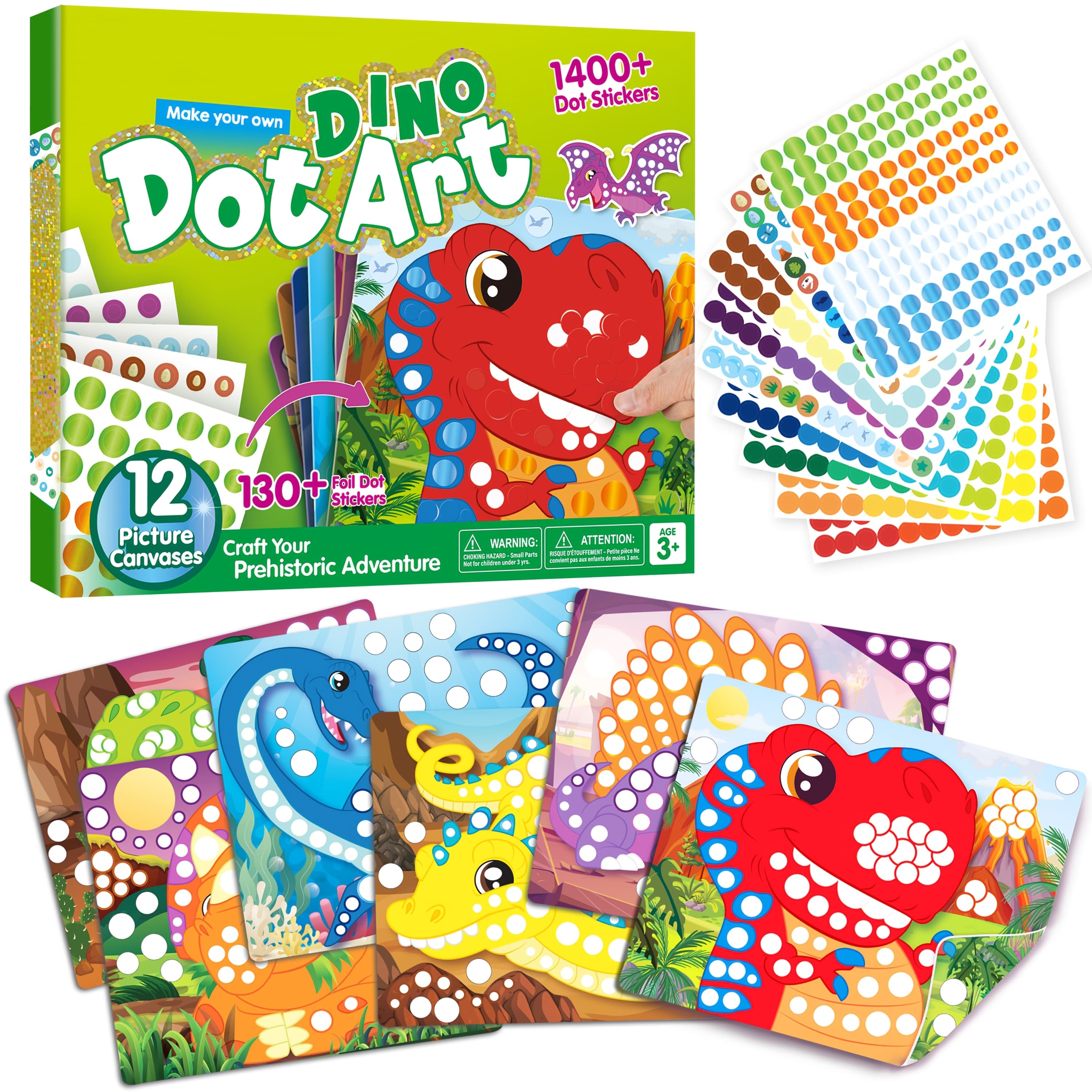 TEMU Dino Dot Art Kit Toy For Kids, 12 Picture Canvases, No Mess Sticker For Children Ages 3+, Craft Kits, Creative Activity, Travel Toy, Cool Birthday Gifts For Boys And Girls (dinosaur)