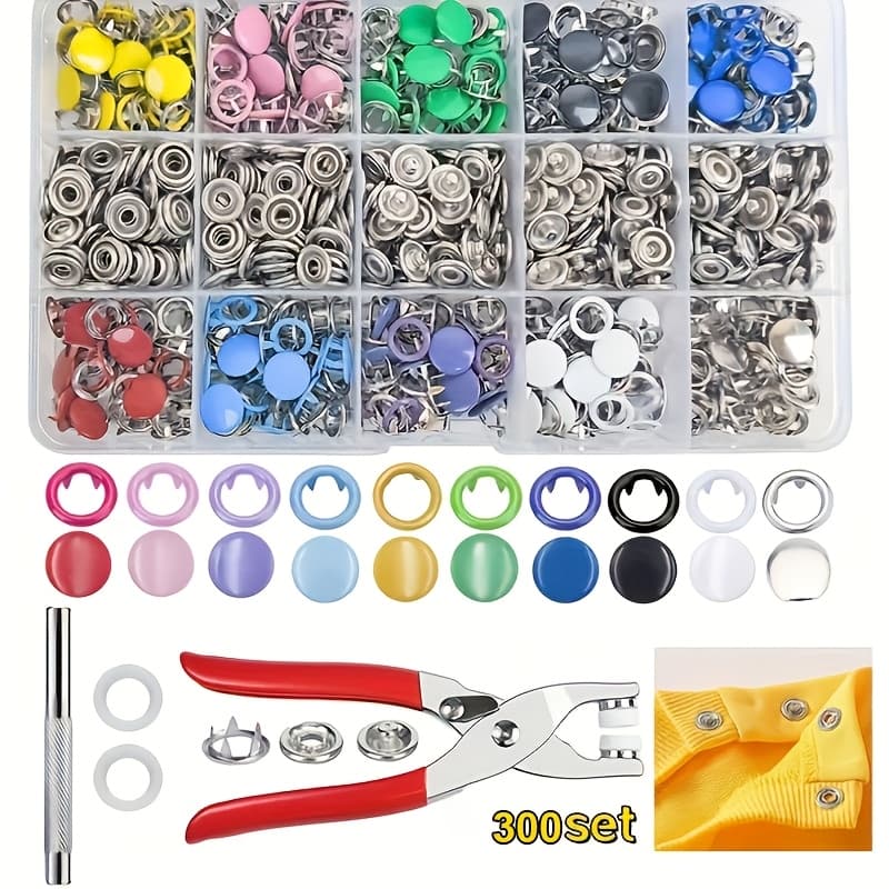 TEMU 300 Sets Metal Snaps Buttons With Fastener Pliers Press Tool Kit For Diy Crafts Clothes Hats And Sewing (10 Colors, 9.5mm)